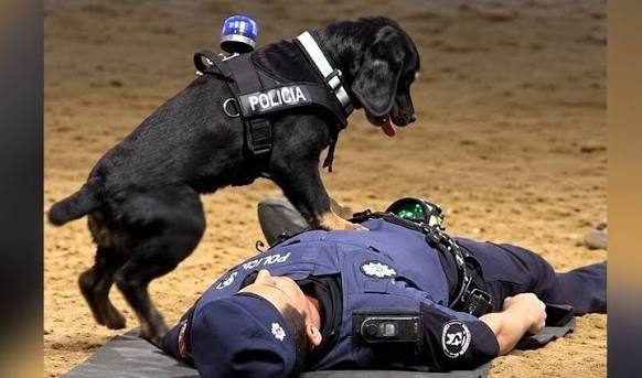 Fotografía real de Poncho, el perro policía de Madrid, durante su demostración de reanimación cardiopulmonar.