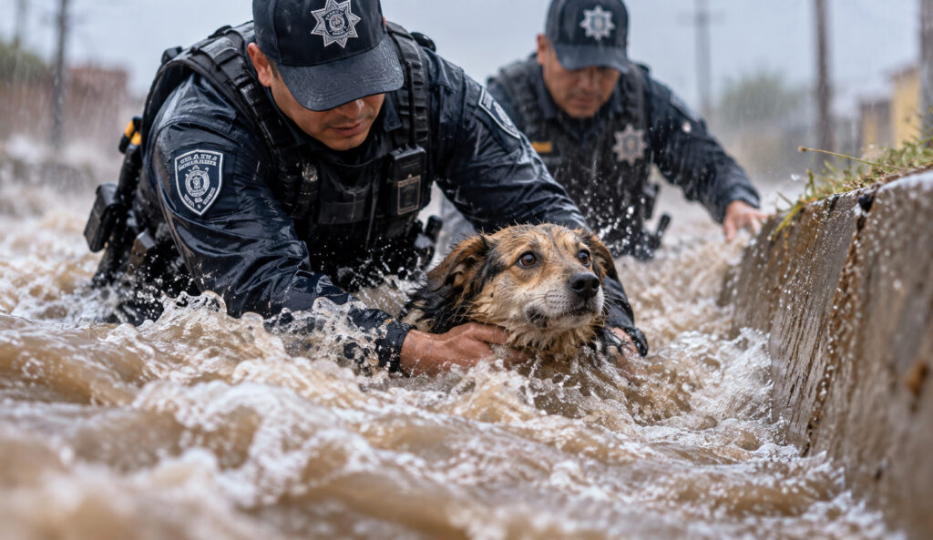 Policías rescatan a un perro de una fuerte corriente de agua