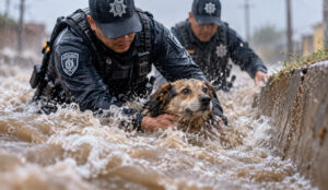 Policías rescatan a un perro de una fuerte corriente de agua
